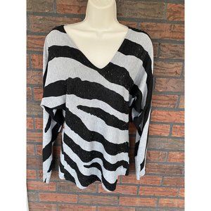 Boston Proper V-Neck Sweater Medium Striped Pullover Black Gray Beaded Cardigan